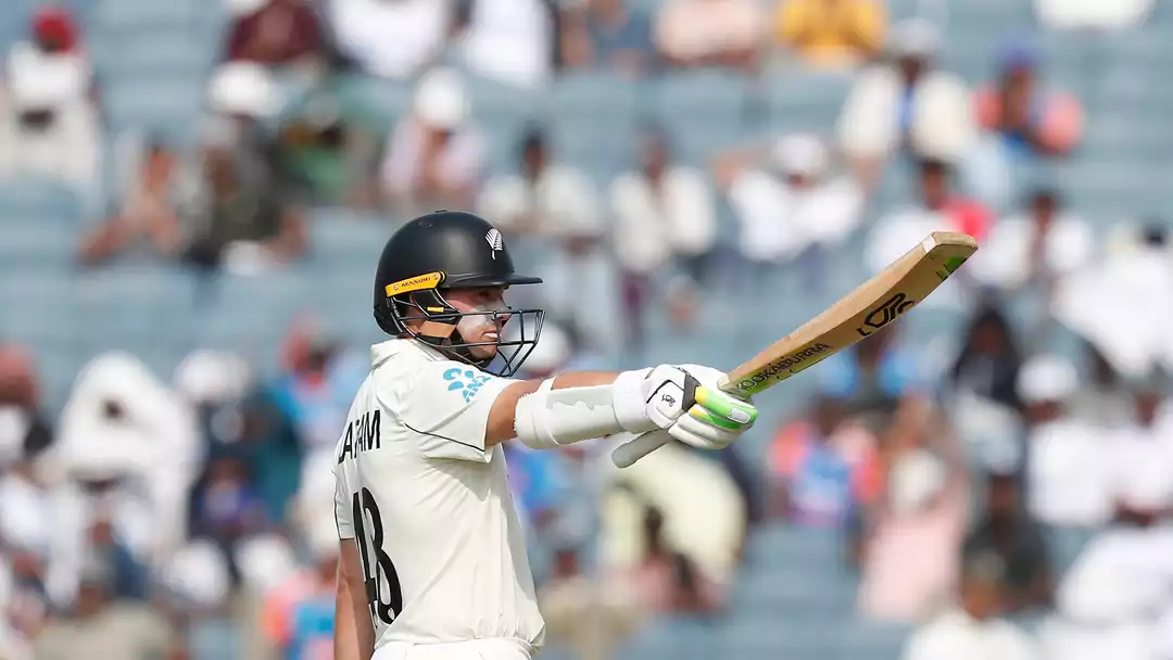 tom latham fell 14 short of his century but his team piled on to the lead at the end of day 2 New Zealand’s Domination Continues as Santner, Latham Shine in Pune Test- October 2024