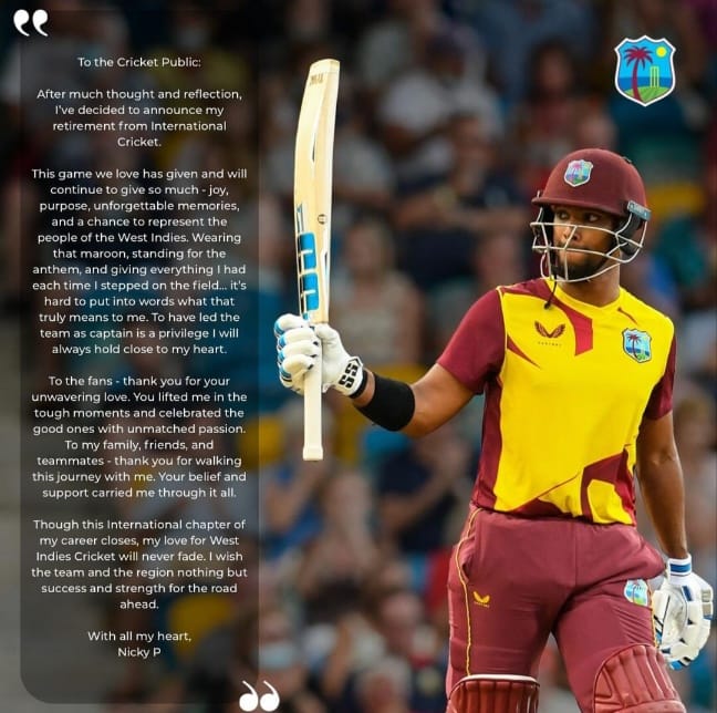 Pooran’s Shock Retirement at 29 Stuns Cricket World The Game We Love Has 1 Nicholas Pooran Retirement Post